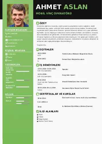 Vinç Operatörü Cv Örnekleri cv indir